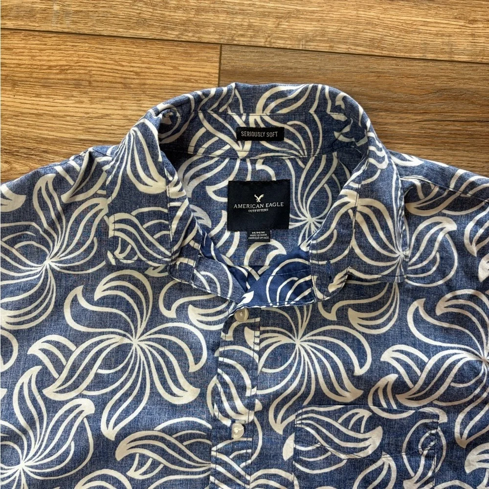American Eagle Seriously Soft blue short-sleeve button-down shirt